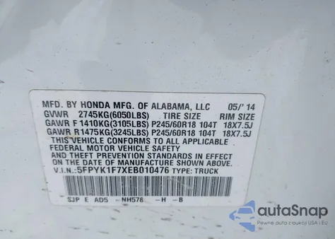 2014 Honda Ridgeline Sport z USA, uszkodzony, nr VIN 5FPYK1F7XEB010476